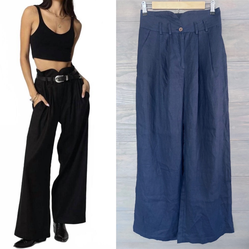 Stillwater Stretch Linen Notch Waist Wide Leg Pants Navy BLUE Small